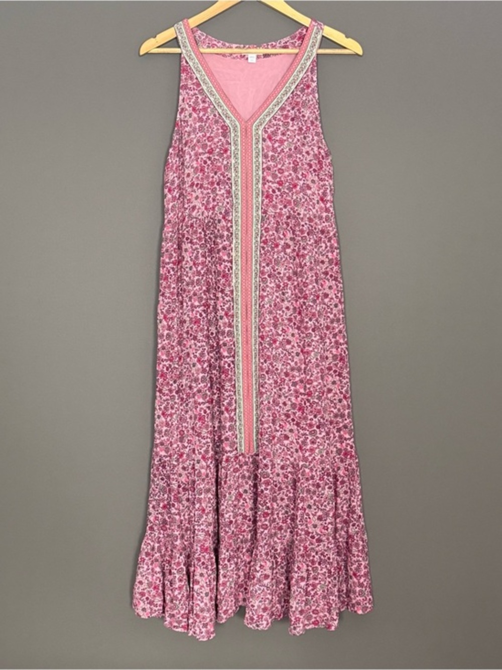 J.Jill Pink Floral Border Print Rayon Maxi Dress Womens Large Boho Lagenlook